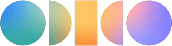 Er worden vier geometrische vormen weergegeven: een volledige cirkel, een halve cirkel, een rechthoek en nog een halve cirkel. Elke vorm heeft een verloopkleurenschema met blauwe, groene, gele, roze en paarse tinten die doen denken aan de levendige doelen in de handboogsport.