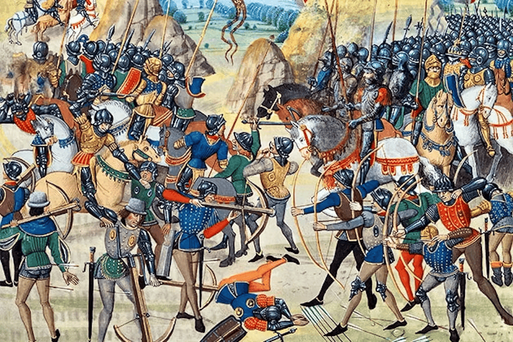 Een gedetailleerde middeleeuwse illustratie toont een intens strijdtoneel met talloze gepantserde soldaten, sommigen te paard, die in de strijd verwikkeld zijn. Boogschutters die bedreven zijn in handboogschieten en infanterie hanteren verschillende wapens.